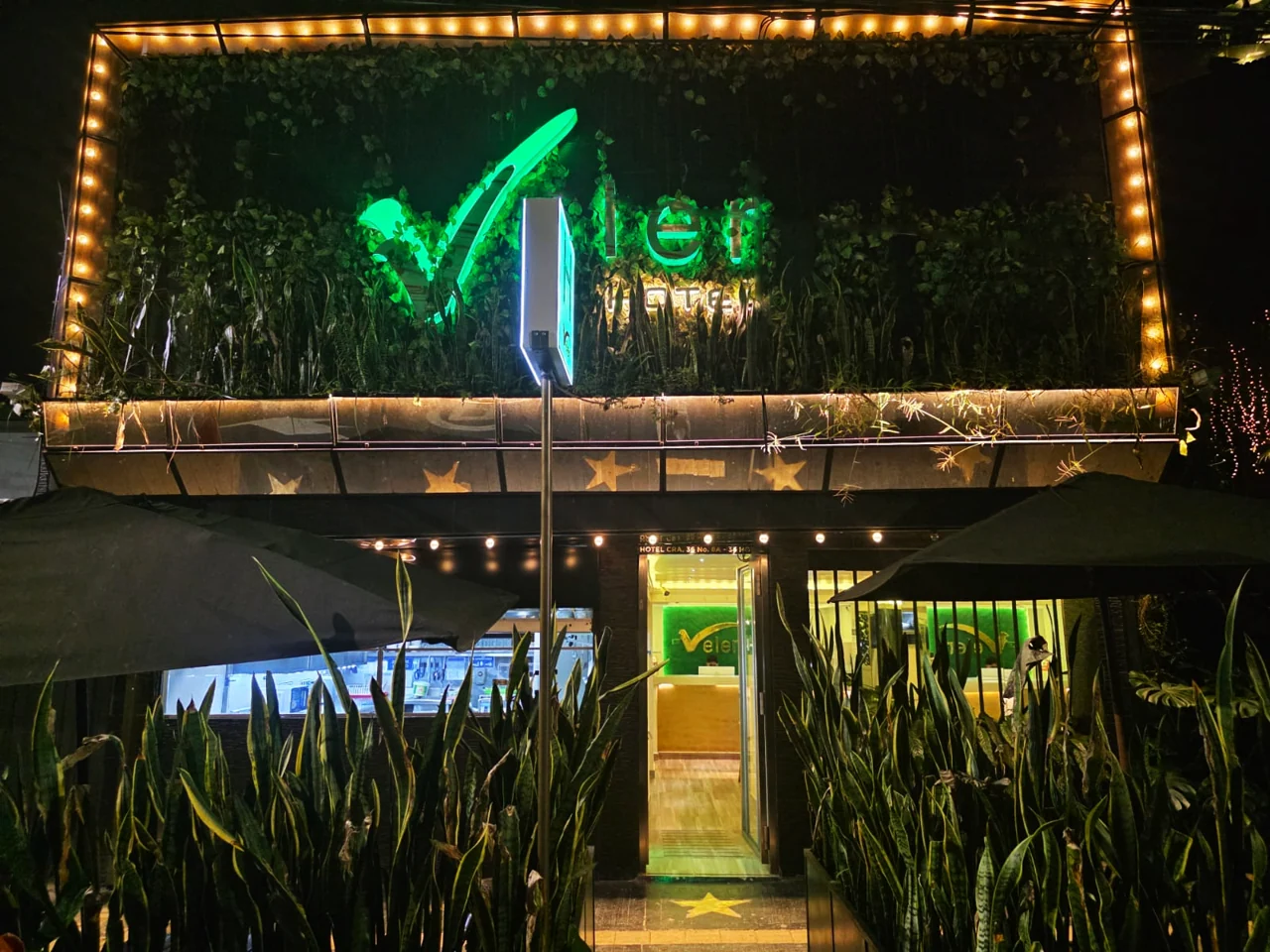 Fachada de Hotel Veler iluminada entre plantas